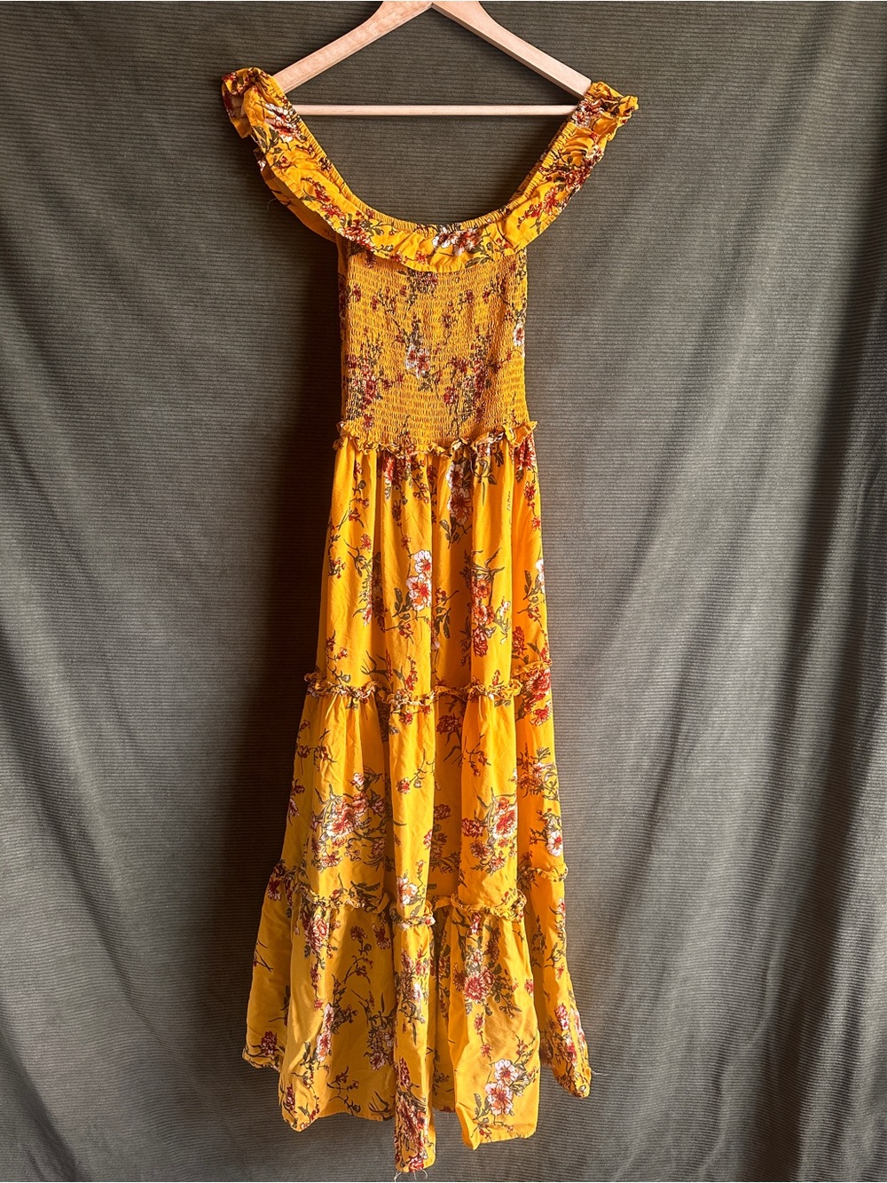 Abel The Label Smocked Ruffle Maxi Dress in Mustard Floral